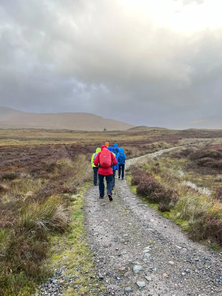Walking holiday group setting off along the track from Corrour