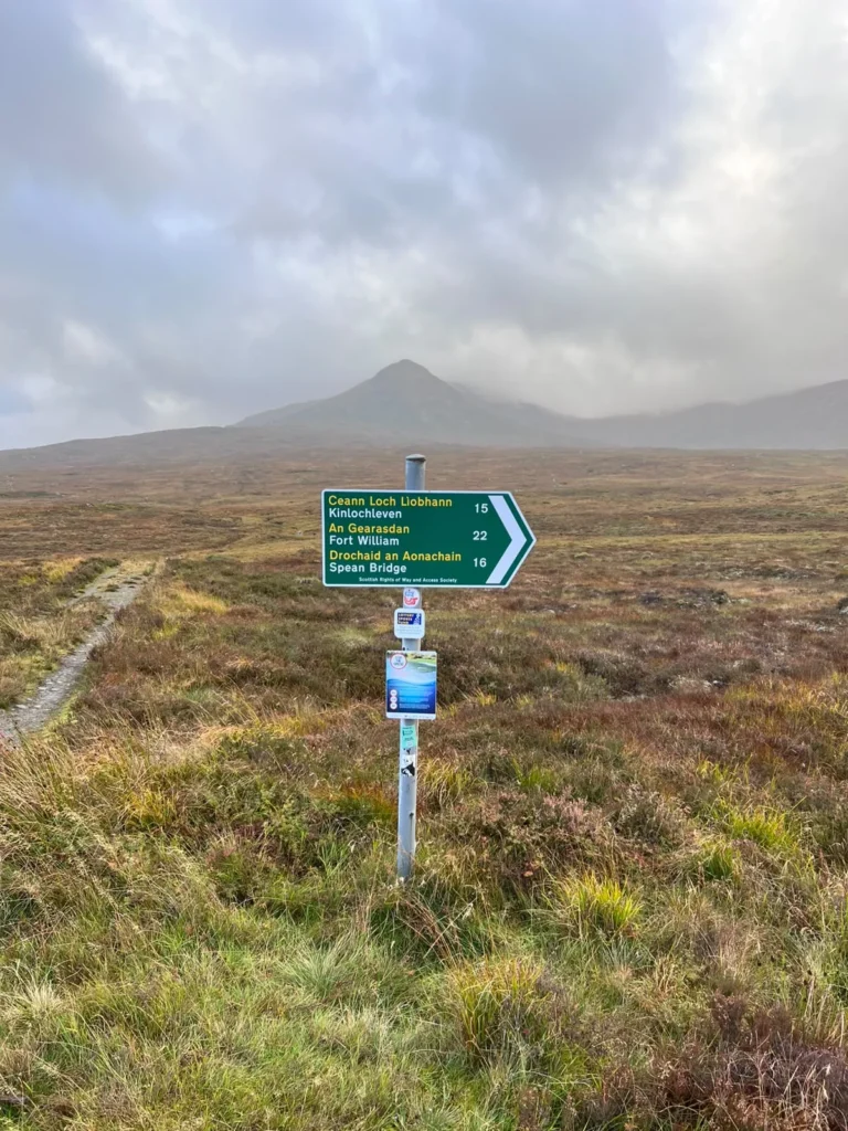 Scottish Rights of Way signpost at Corrour pointing to Spean Bridge