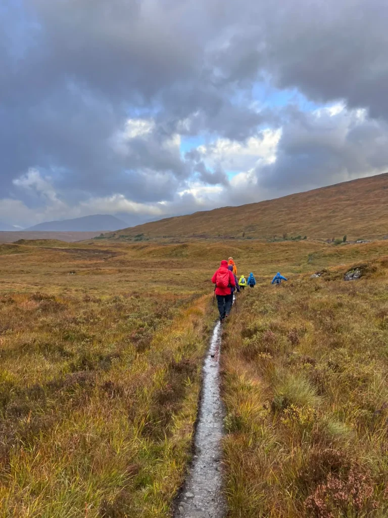Walkers on the path across the moor from Corrour