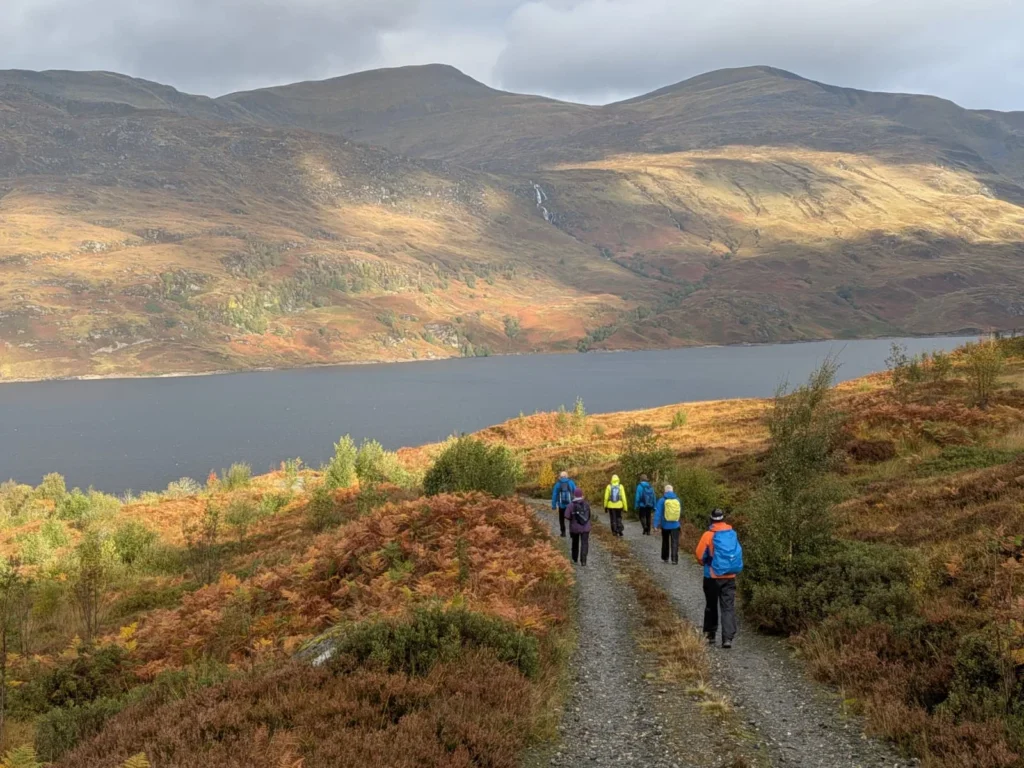 Walking group on the track above Loch Treig
